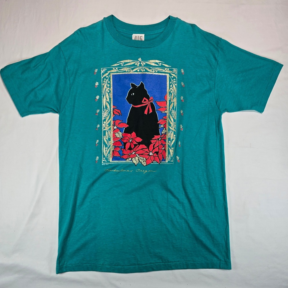 Vintage 1990 Timberline Oregon Black Cat T-Shirt Hanes Beefy-T XL Teal 90s